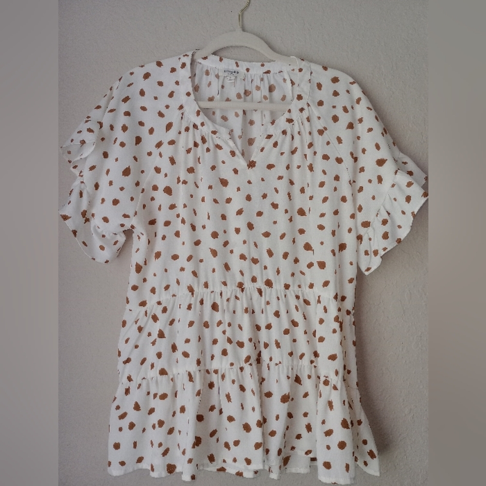 Umgee Ruffled White and Brown Short Sleeve Blouse Size S